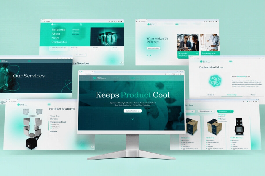 Center monitor shows a teal-themed website with the slogan "Keeps Product Cool"; multiple screens around it display different web pages on a mint background.