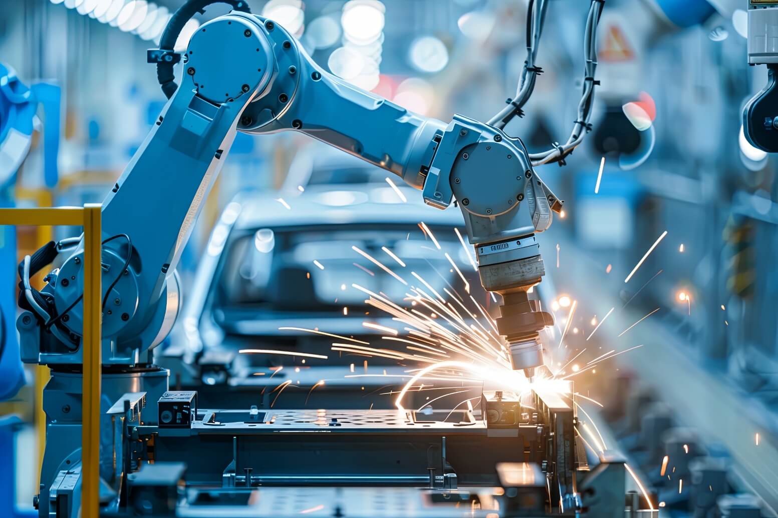 Blue robotic arm performs welding on automotive chassis, sparks flying in a high-tech factory setting