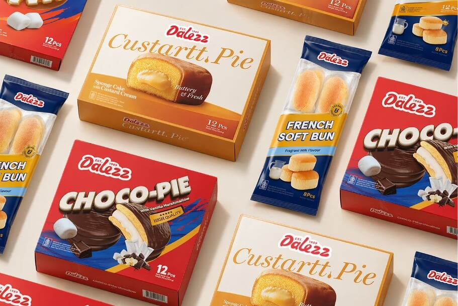 Assorted Dalezz snack boxes, including Custartt Pie and Choco-Pie, displayed on a light background.