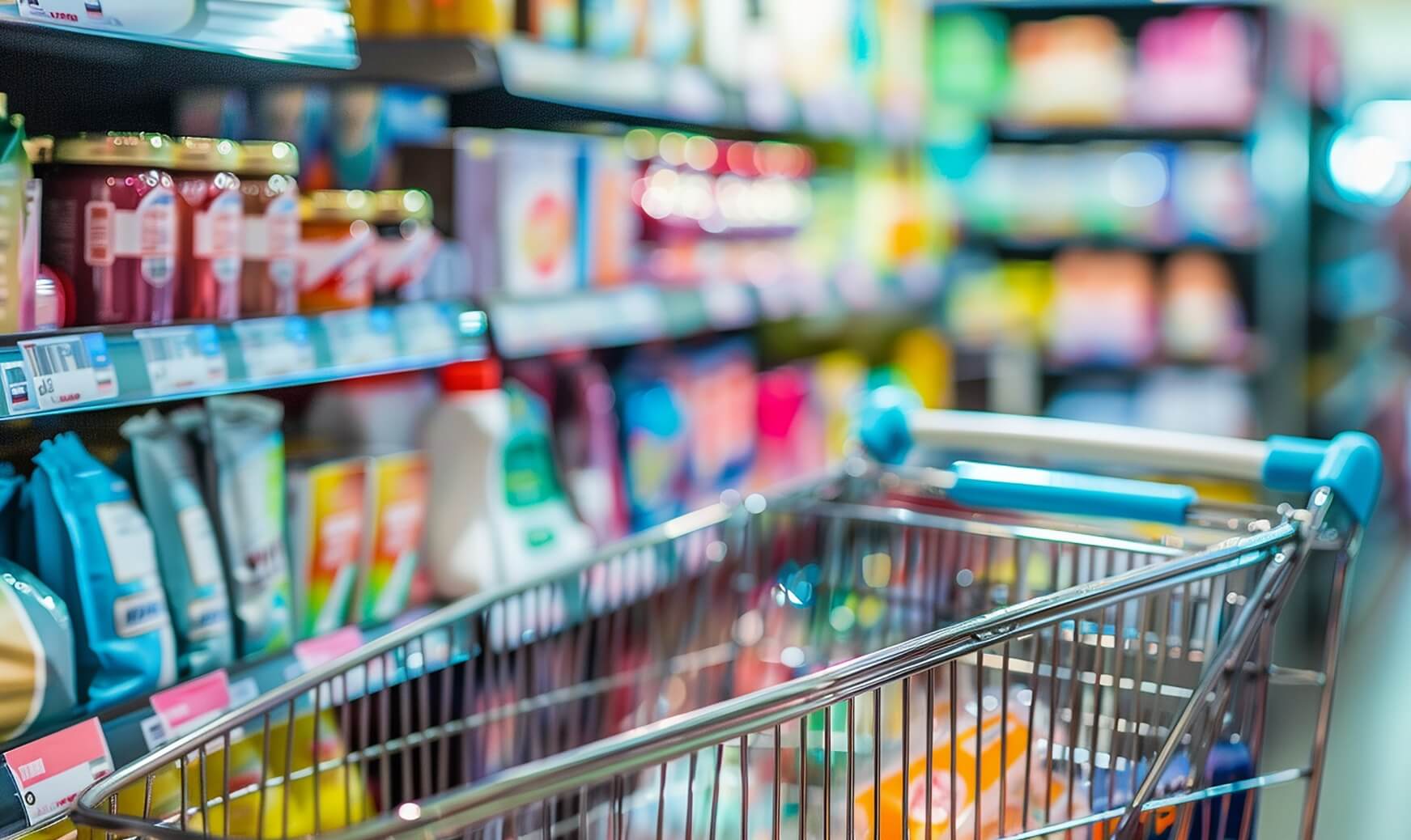 Shopping cart in the foreground of a brightly lit supermarket aisle filled with cleaning products on shelves.