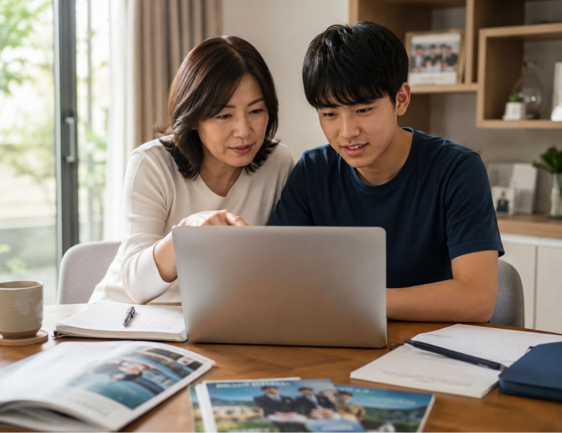 Mother and son sit together at a wooden table, looking at a silver laptop screen in a home setting, with notebooks and magazines nearby.