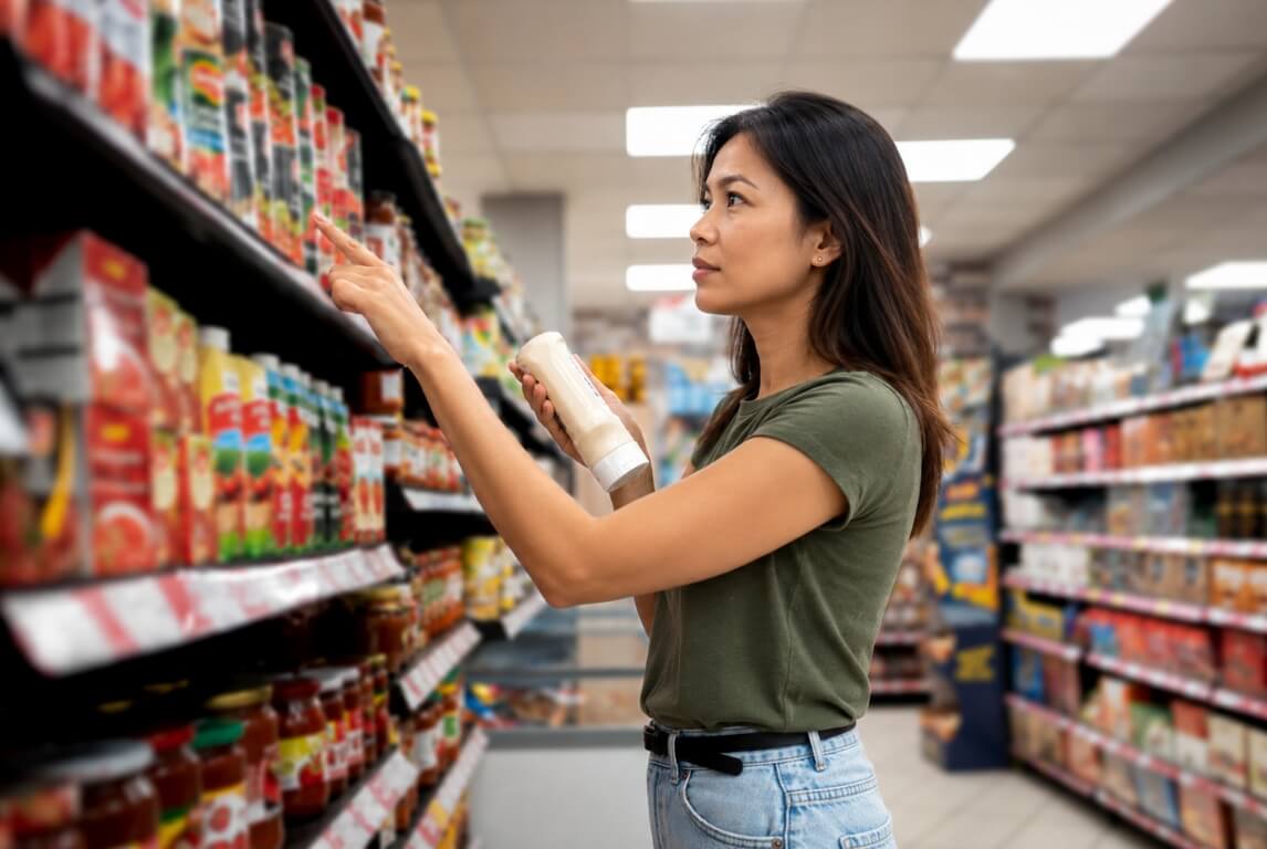 Woman in a grocery store inspecting a bottle while pointing at products on the shelf.