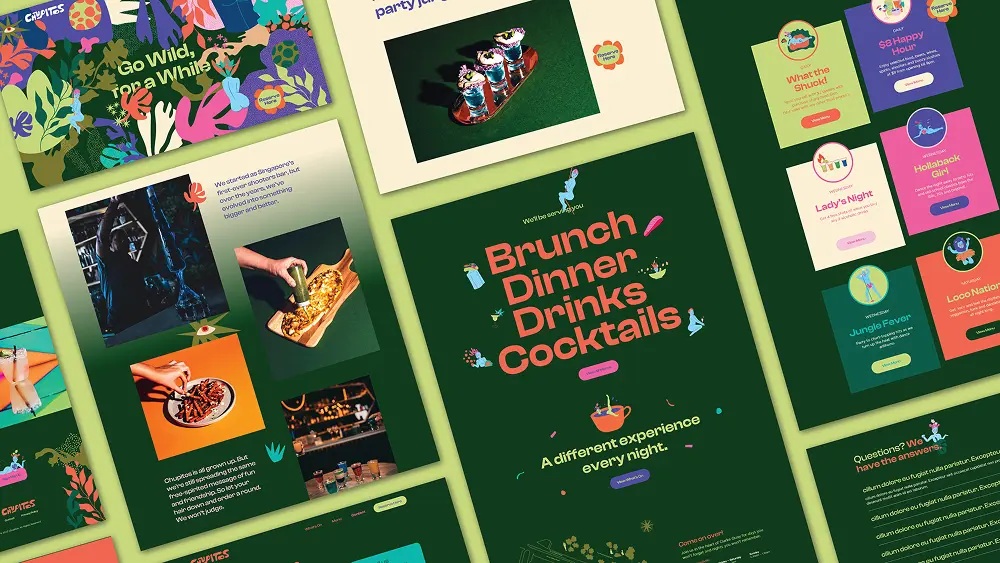 Collage of colorful marketing posters for a nightlife venue, with a central dark-green flyer reading 'Brunch Dinner Drinks Cocktails.'