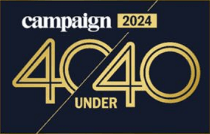 Campaign 2024 '40 Under 40' logo in gold on a dark background with a sleek design.