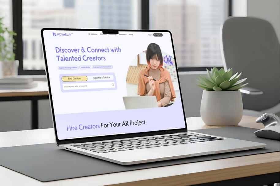 Laptop on a desk displaying a website for discovering and hiring creators for AR projects.