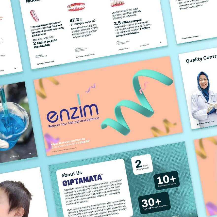 Collage of corporate slides for ENZIM, featuring a peach slide with a teal ribbon logo and the tagline 'Restore Your Natural Oral Defence'.