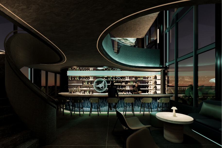 Contemporary bar with a curved ceiling and teal seating, bottles lined along the backlit shelves behind the bar, a bartender serving customers.
