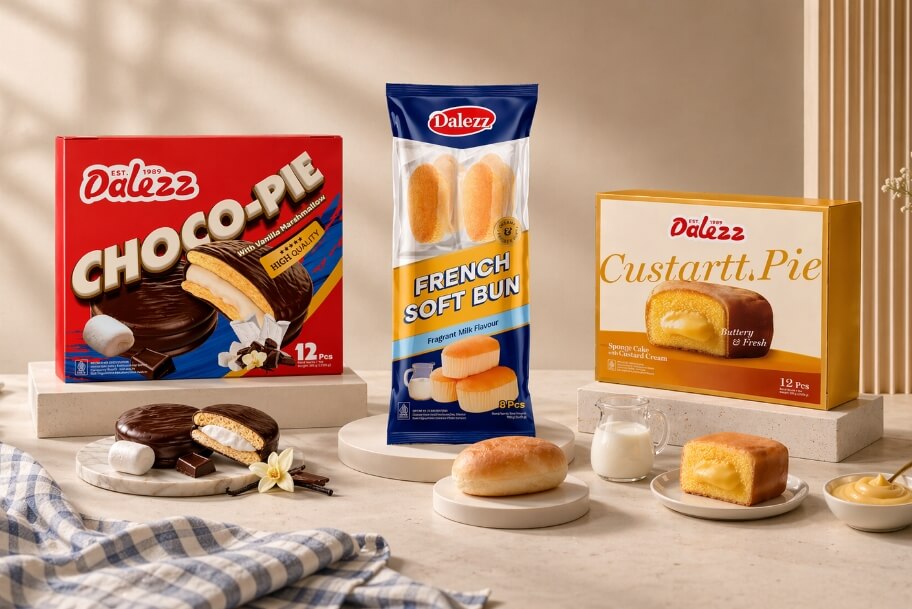 Assorted packaged desserts on a countertop: chocolate pie box, French soft buns bag, and custard tart box with pastries nearby.