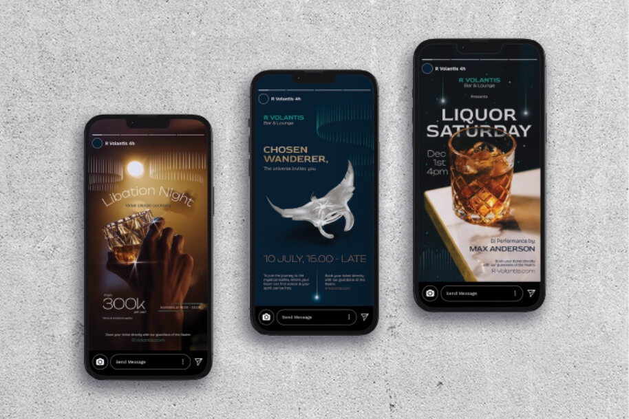 Three smartphones on a gray surface display vertical nightlife posters with drinks and event details, arranged in a row on concrete.