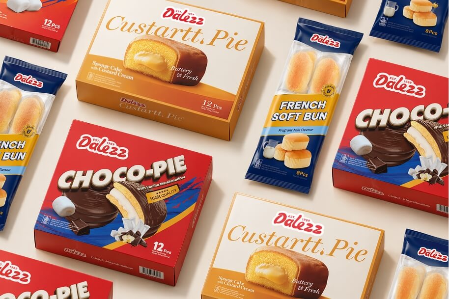 Assorted Dalezz snack boxes, including Custartt Pie, Choco-Pie, and French Soft Bun, displayed on a light surface.