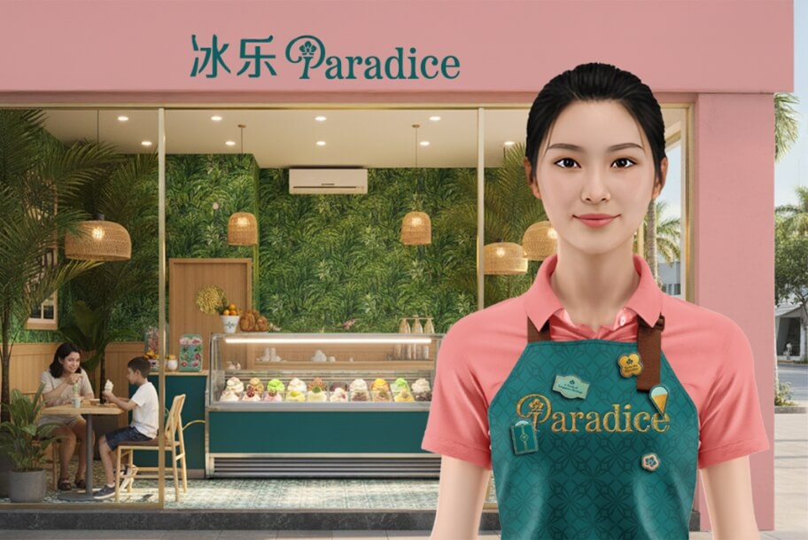 Young woman in a teal Paradice apron stands in front of a pink storefront with a Paradice sign; inside, a pastry display and customers seated at a table.