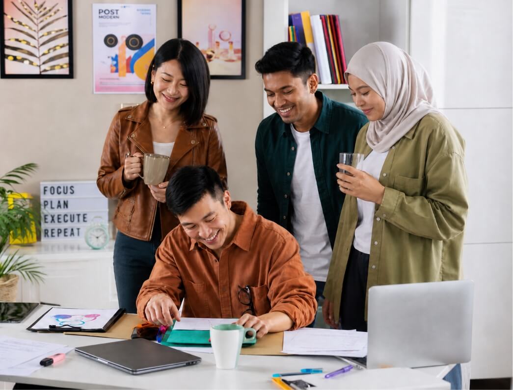 Four coworkers in an office, one man sits and writes on a notebook while three others stand nearby with drinks, smiling at the desk.