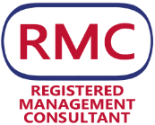 RMC logo with bold pink 'RMC' inside a blue rounded rectangle and 'REGISTERED MANAGEMENT CONSULTANT' beneath.