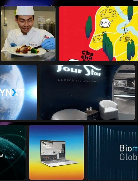 Collage of six tiles: a chef plating dish, a bright cartoon map, Earth from space with 'YNXT' text, a dark lounge area with a curved sign saying 'Your Star' and white seating, a laptop on a gradient background, and a blue striped panel with 'Biom Global'