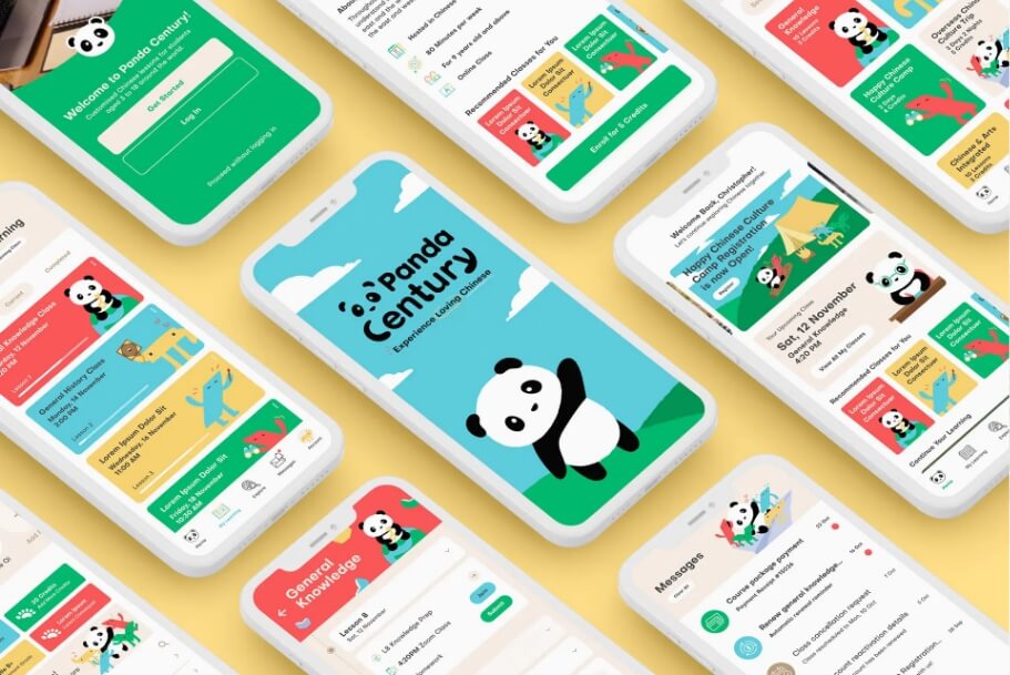 Multiple smartphones display the Panda Century mobile app with colorful onboarding screens and a panda mascot on a yellow background.