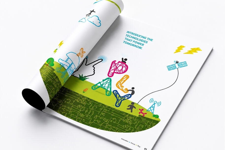 Open magazine spread with colorful doodles of people, wind turbines, and circuitry on a green ground; caption reads 'Introducing the technologies that power tomorrow.'